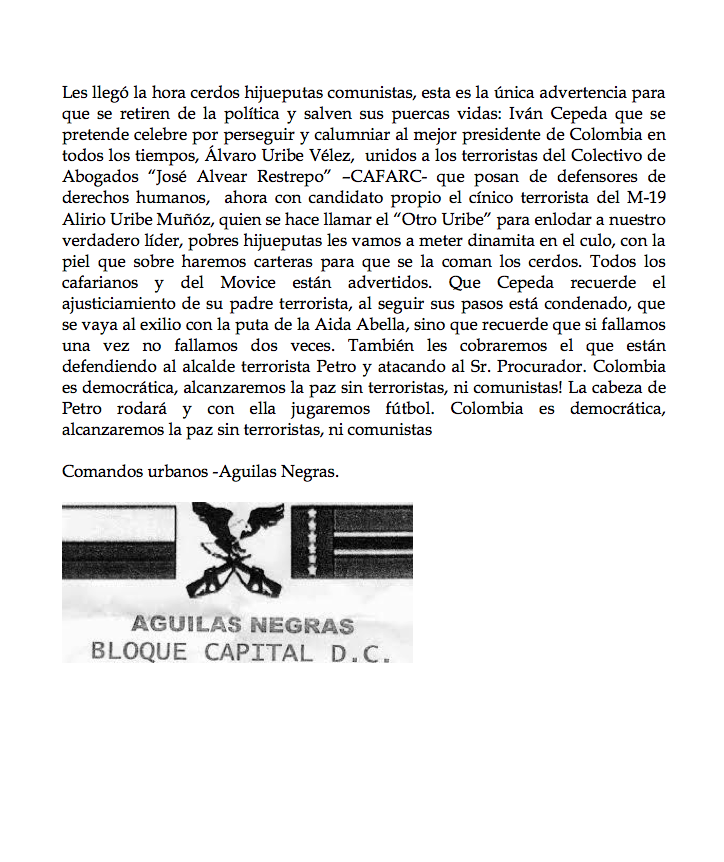 Amenaza contra líderes de la oposición colombiana y organizaciones de DDHH